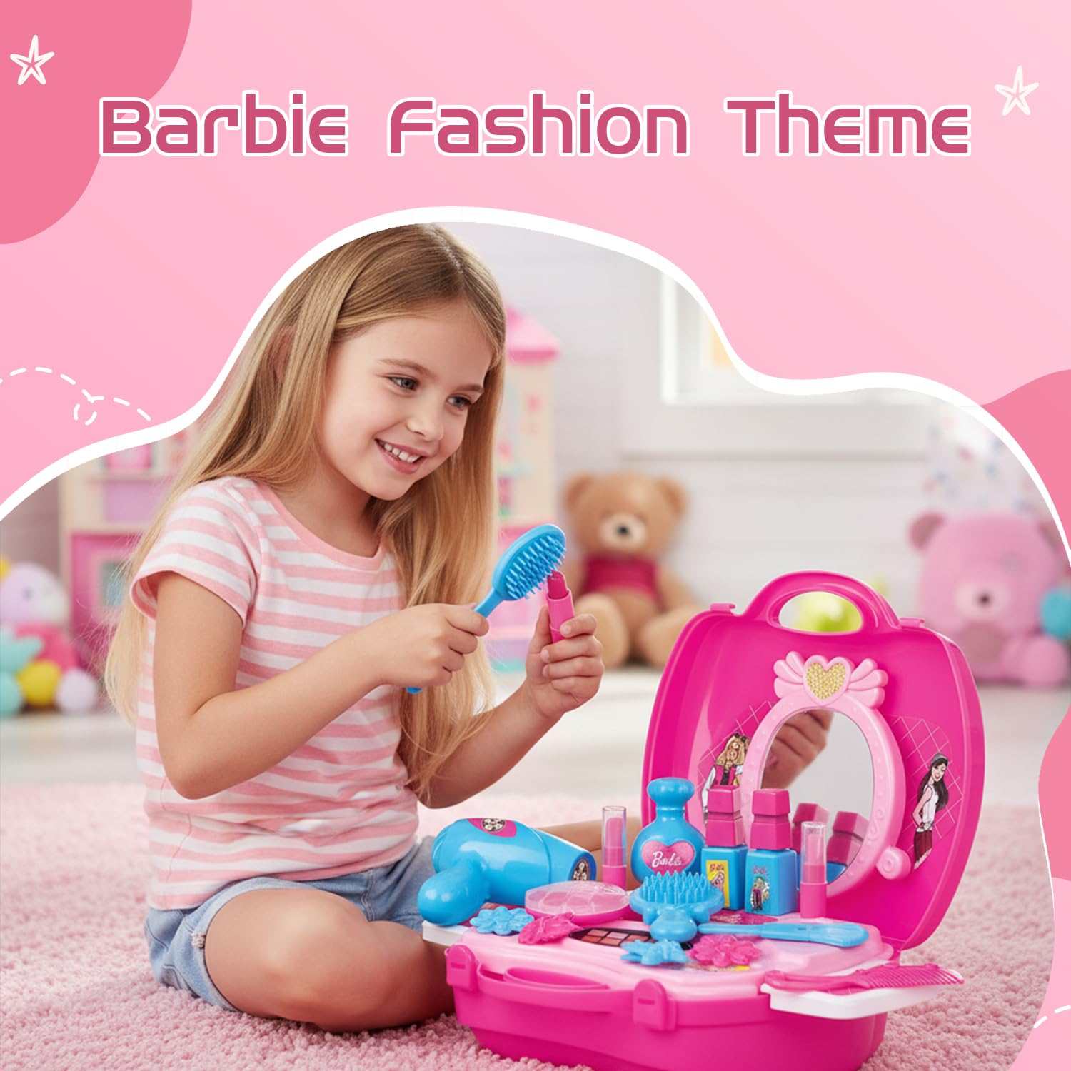 Amazon Brand Jam & Honey Barbie Makeup Kit for Girls, BIS Safe for Kids, Pretend Play Beauty Set with Toy Makeup Accessories, Portable Suitcase Vanity Kit for Kids Age 3+ Years, Non Toxic