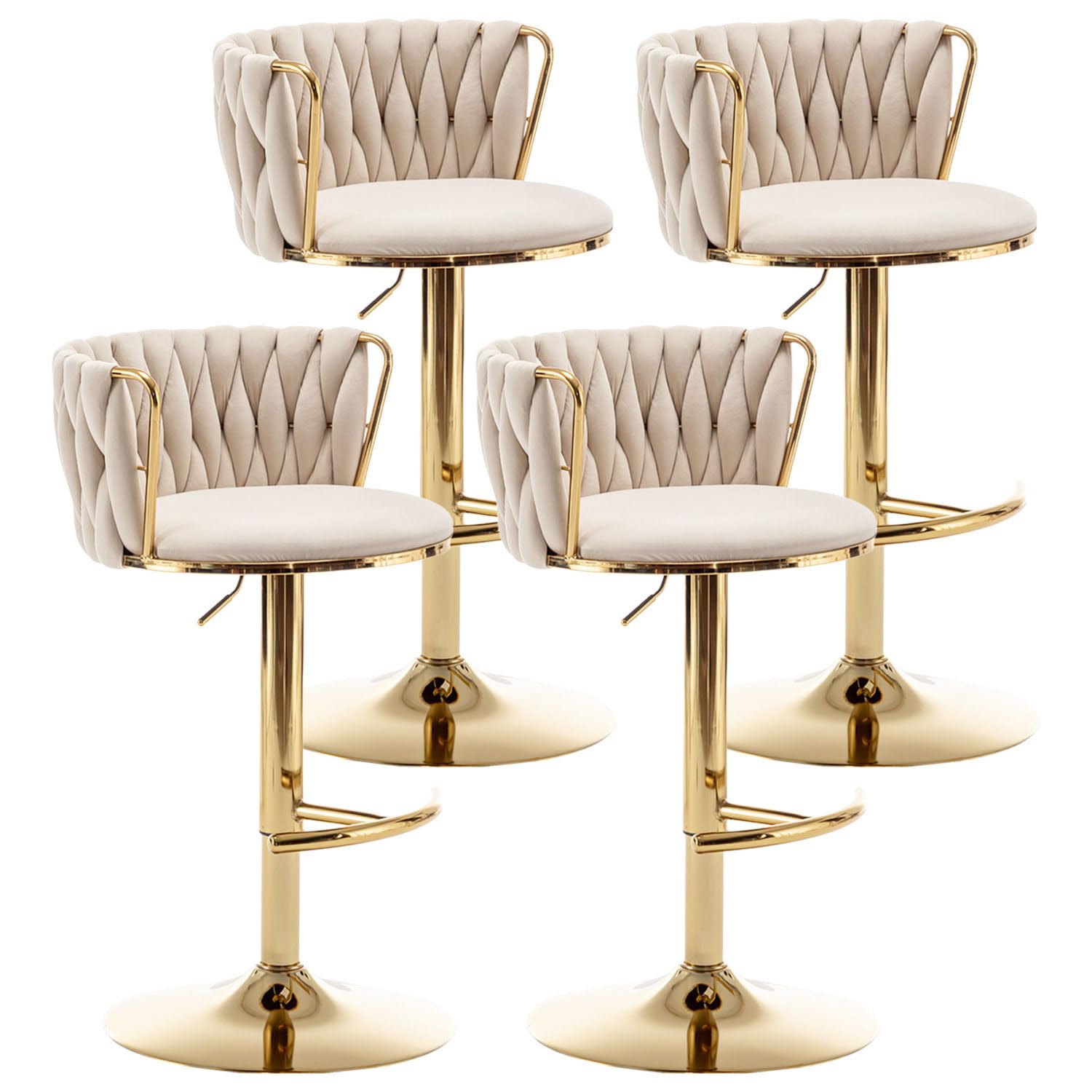 Riknuxi Woven Bar Stools Set of 4, Counter Height Bar Stools with Low Back, Gold Swivel Barstools for Kitchen Island, Bar Pub (Beige)