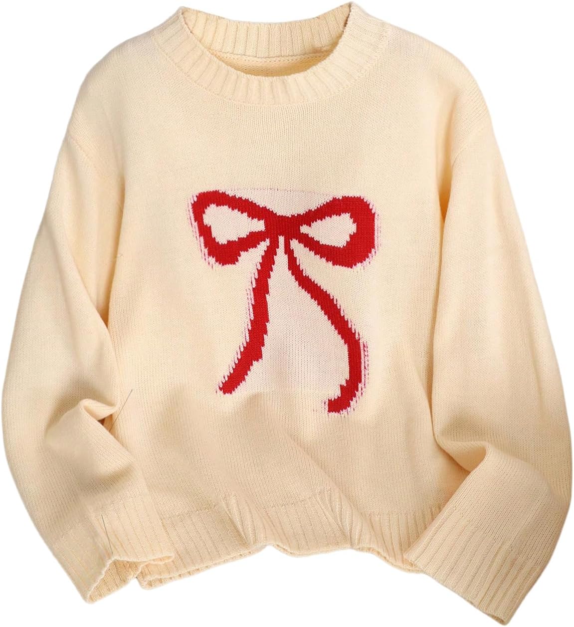 Girl's Bow Sweater Crew Neck Cute Sweaters Long Sleeve Knit Pullovers Sweater