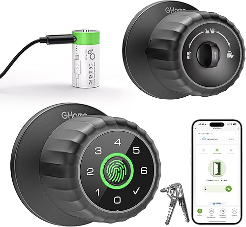 GHome Smart Cerradura de puerta de huellas dactilares, perilla de puerta de huellas dactilares 4 en 1 con teclado, control de aplicación, batería