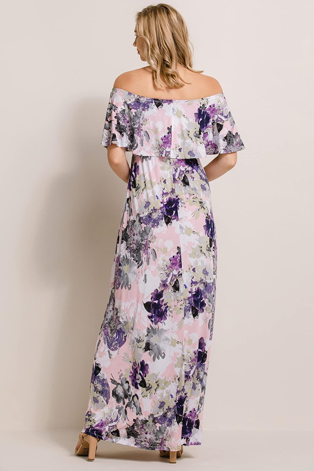 Women's Off Shoulder Ruffle Maxi Maternity Dress, Blush/Purple Flower, Small