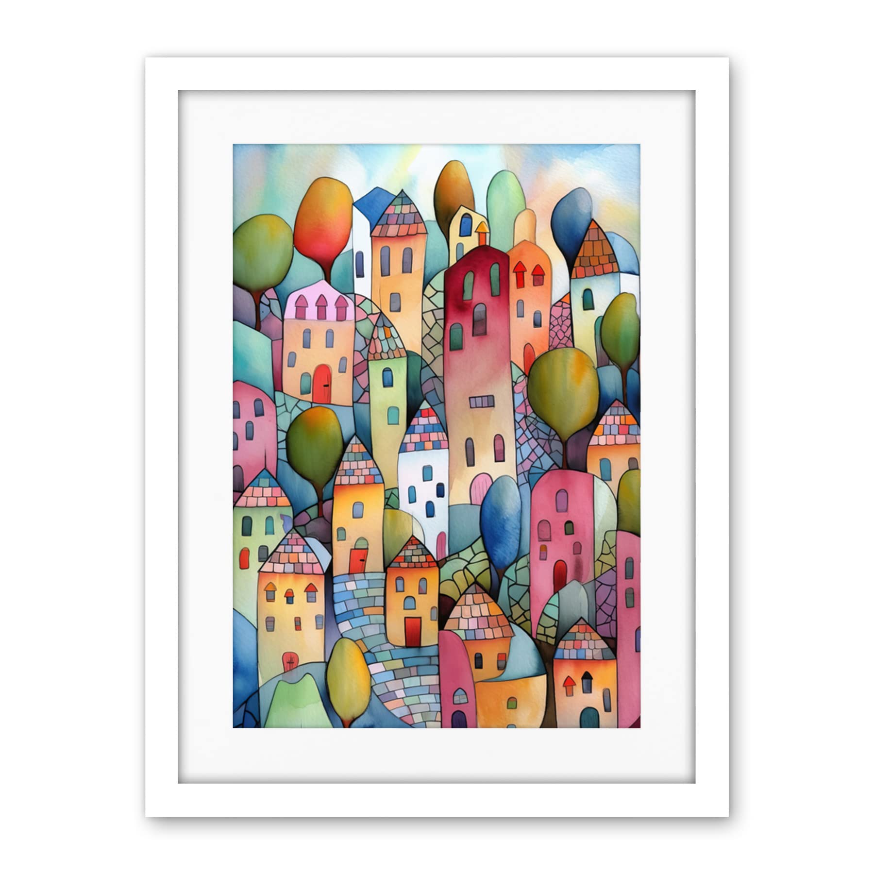 Artery8 Village On The Hill Cobble Streets Folk Art Artwork Framed Wall Art Print 18X24 Inch