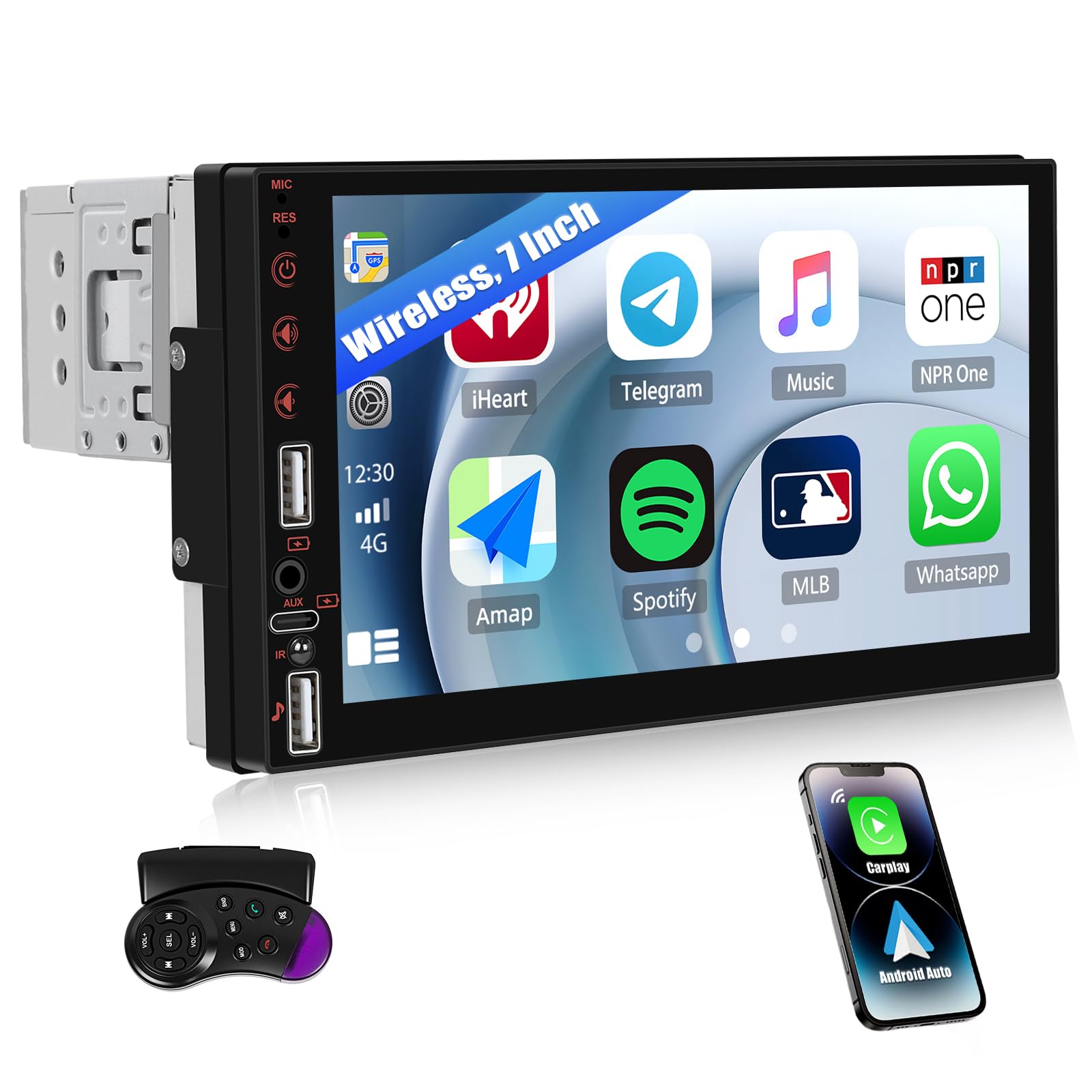 SIXWIN 1 DIN Radio Coche con Wireless CarPlay & Android Auto & Mirror Link,7 Pulgadas Pantalla Táctil Estéreo con Bluetooth RDS/FM 2USB TF Puerto/Aux/Youtube+Controllo del Volante