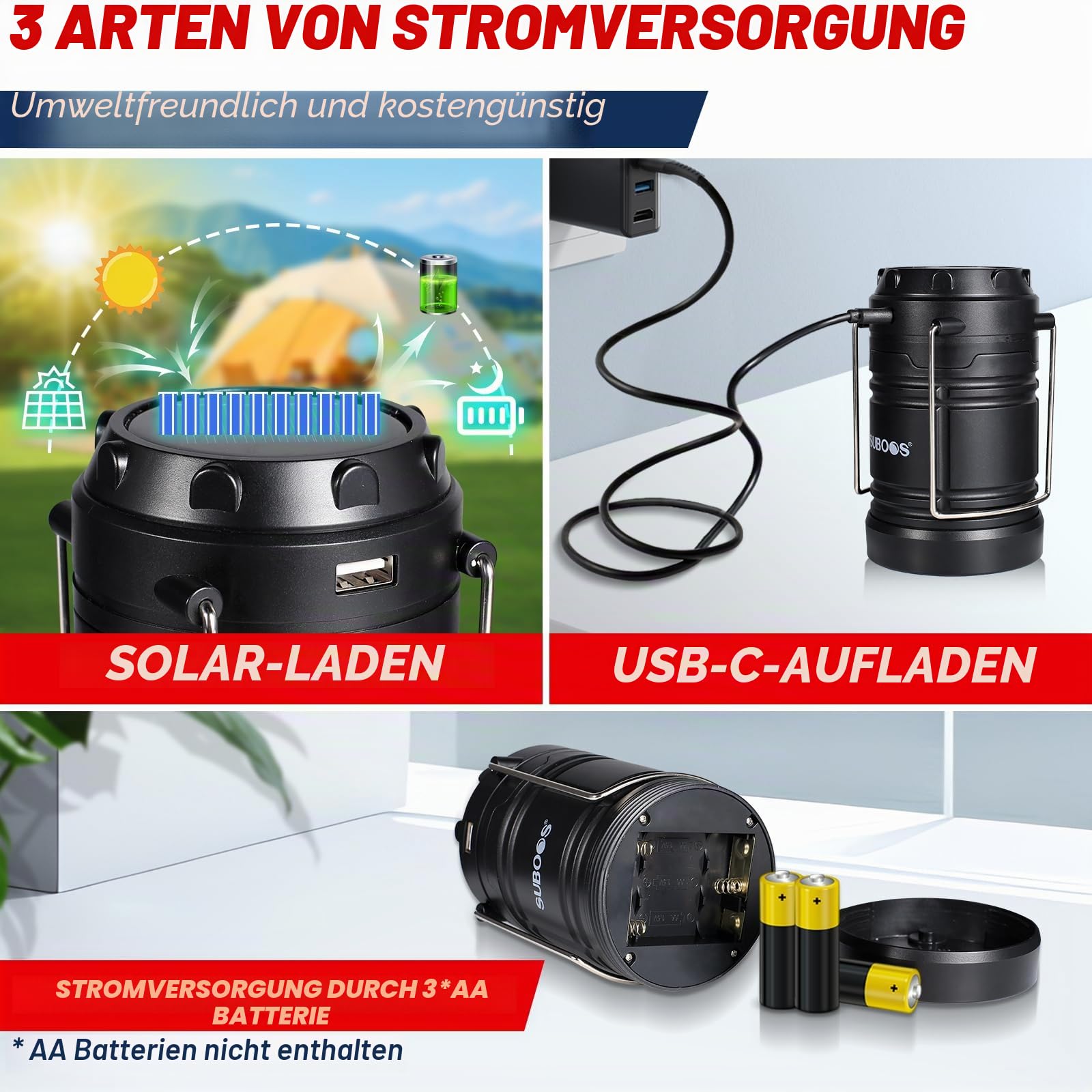 Campinglampe Aufladbar, Hybrid Licht Solar & AA Batteriebetriebene LED Camping Lampe, Integrierter Aufhängehaken & Magnetfuß, für Outdoor, Survival & Stromausfälle(2 Stück)