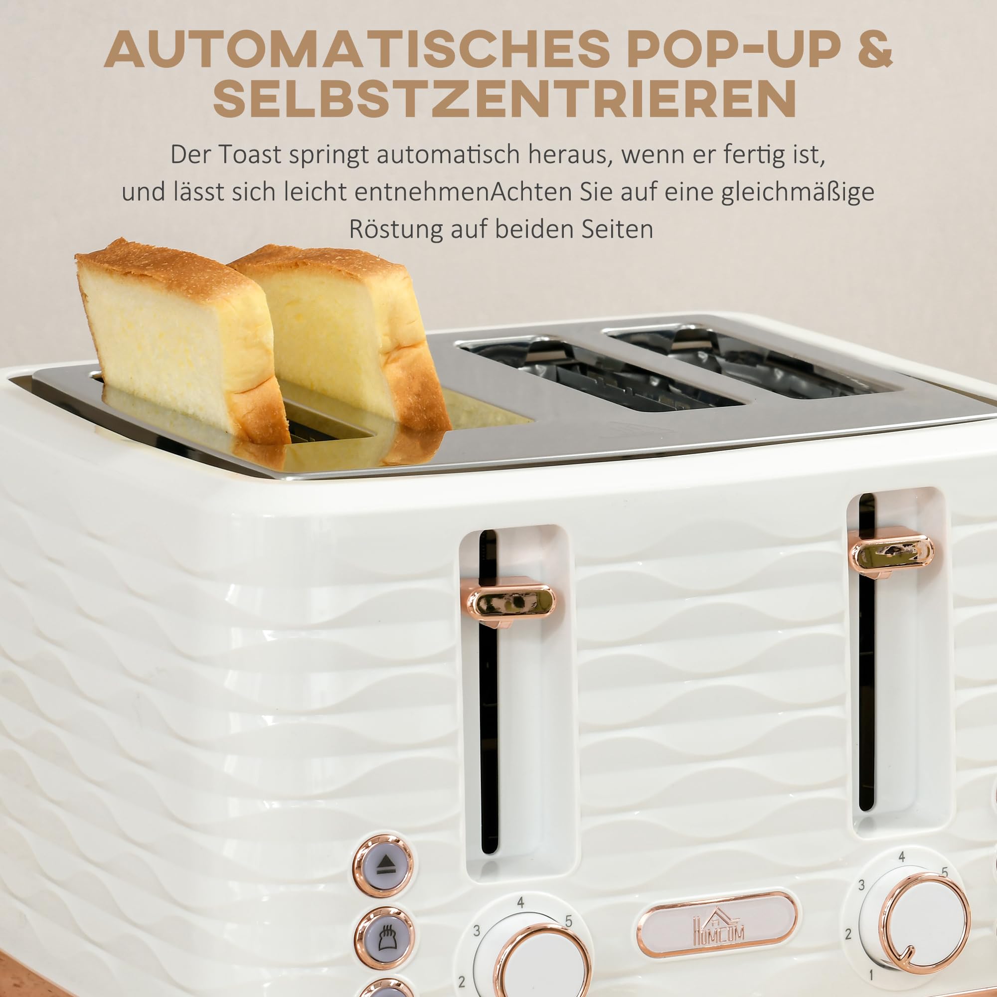 HOMCOM Juego de desayuno con hervidor de 1,7 litros, tostador de 4 rebanadas, 2200 W, 7 niveles de tostado, descongelación, recalentamiento y bandeja recogemigas, termostato Otter, blanco crema