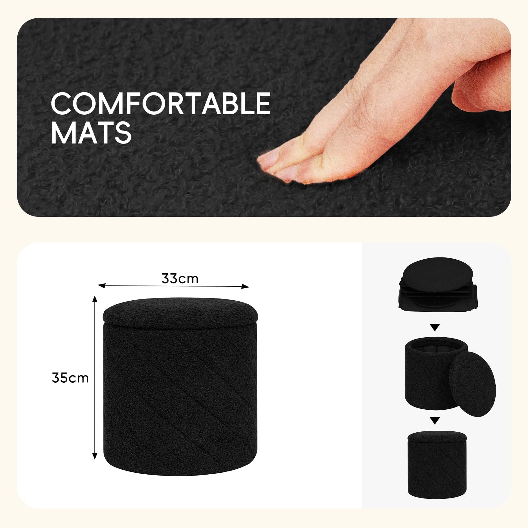 PINPLUS Pouf Contenitore Rotondo Pieghevole, in Teddy Bouclé, con Coperchio Ribaltabile come Tavolino, per Soggiorno e Camera, Ø 33 x 35 cm, Nero
