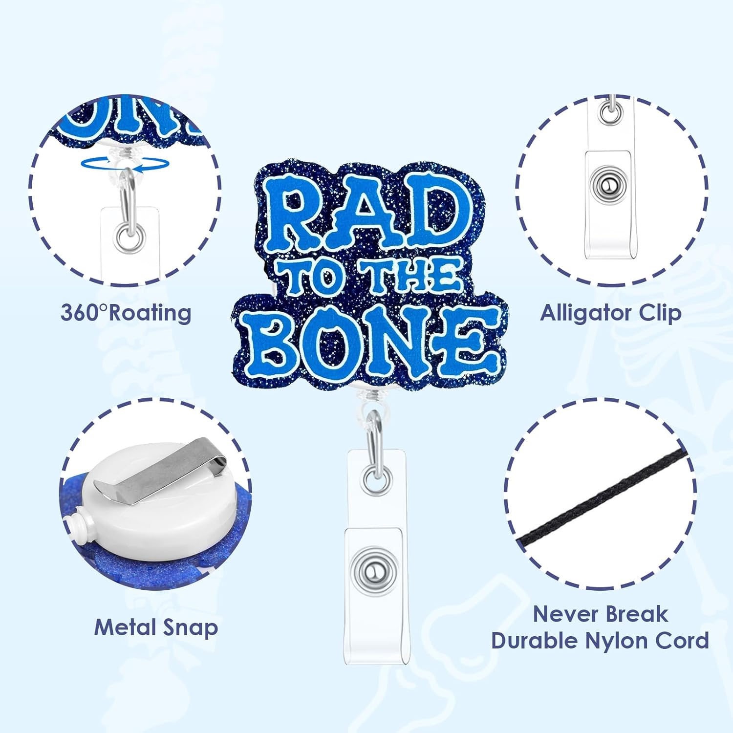 5Pcs Nurse Badge Reels Retractable Badge Holders with Alligator Clip Skeleton Letter Patterns Cute Radiology Badge Reel ID Cards Holder RN Nurse Doctor Gifts Accessories (Orthopaedics) - Image 2