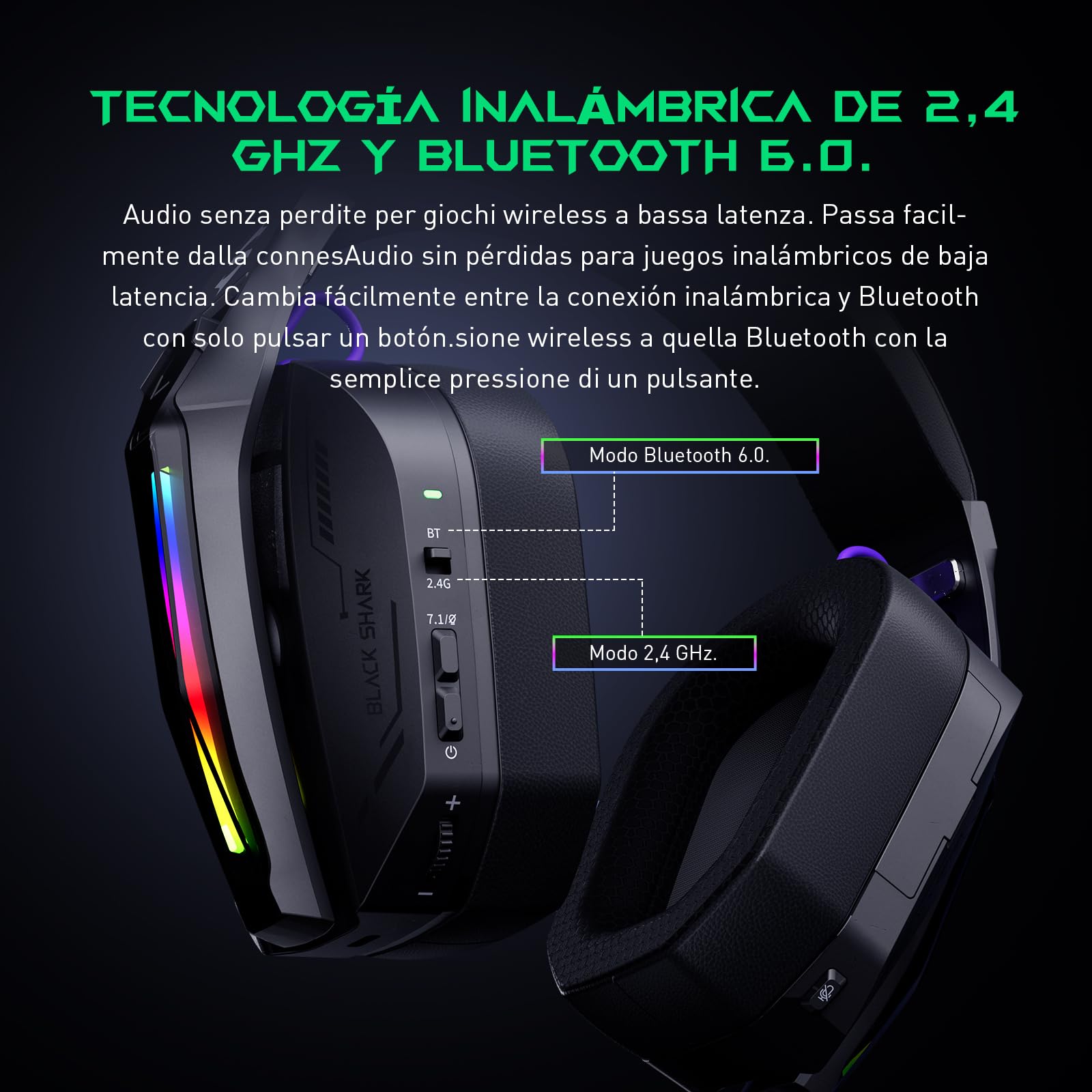Black Shark Cascos Gaming Inalámbricos para PS5/PS4/PC/Switch, Auriculares Bluetooth 6,0 con Micrófono, 2,4GHz USB-C, Baja Latencia, Sonido Envolvente, Duración 40Hr+