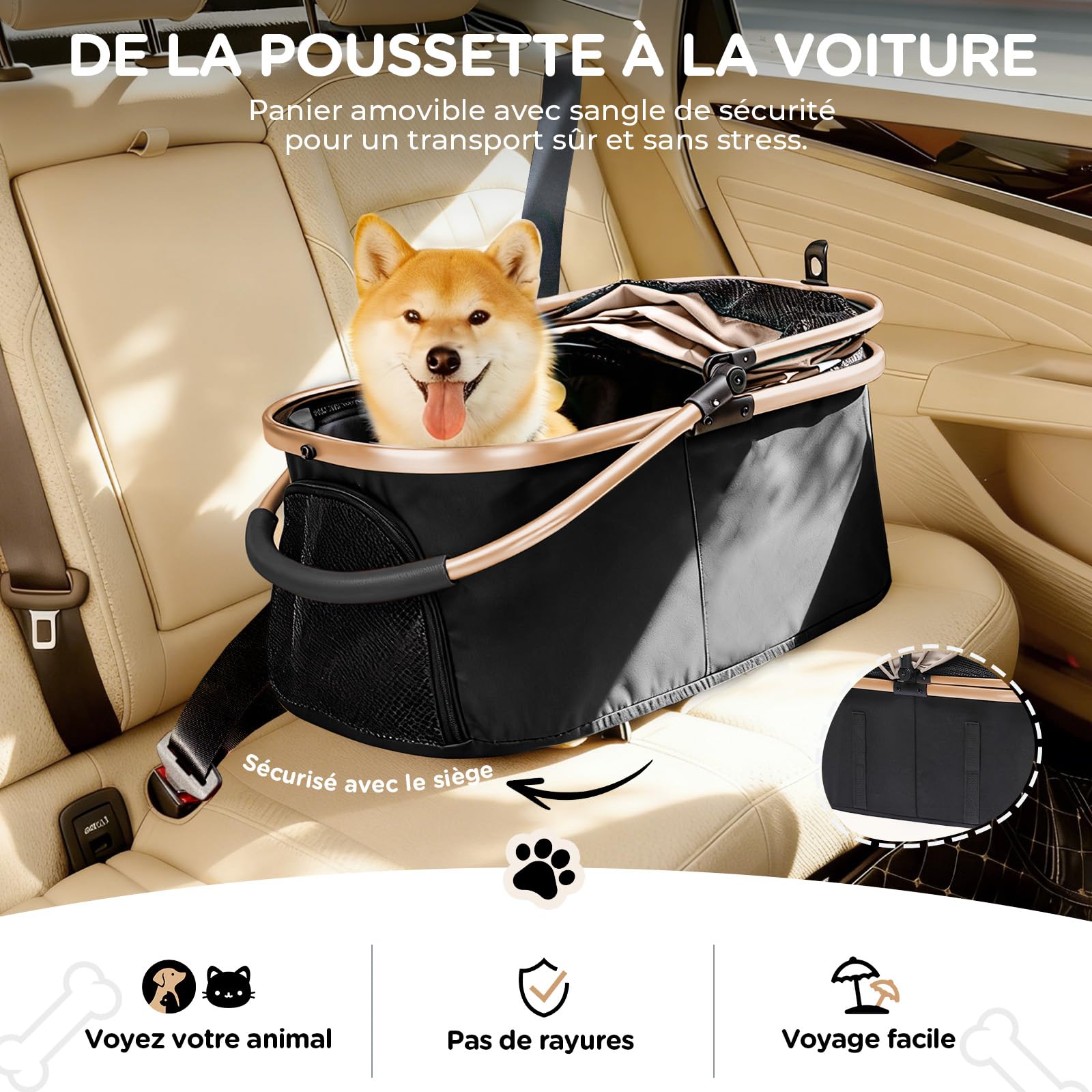 GTPLAYER Poussette Chien 4-en-1, Poussette pour Chien Chat, Jusqu'à 25KG, Voyage Transporteur Amovible, Poussette Tout-terrain Pour Animaux de Compagnie, Or