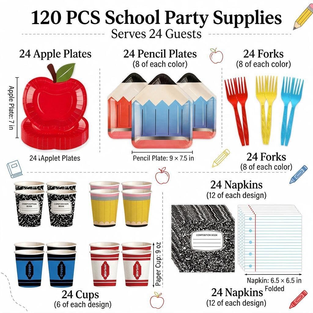 120 PCS Back to School Party Supplies, School Paper Plates and Napkins Set for 24 Guests, Pencil Shaped Plates, Composition Book & Notebook Napkins, 9 oz Cups, Forks, Classroom First Day of School image 2