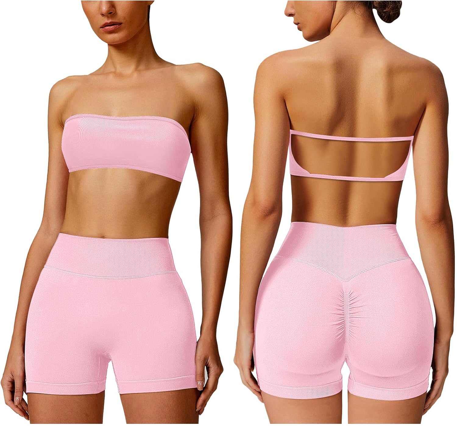 ABOCIW Workout Sets for Women Backless Bandeau Sports Bra Seamless Scunch Butt Lifting High Waist Biker Shorts Gym Set