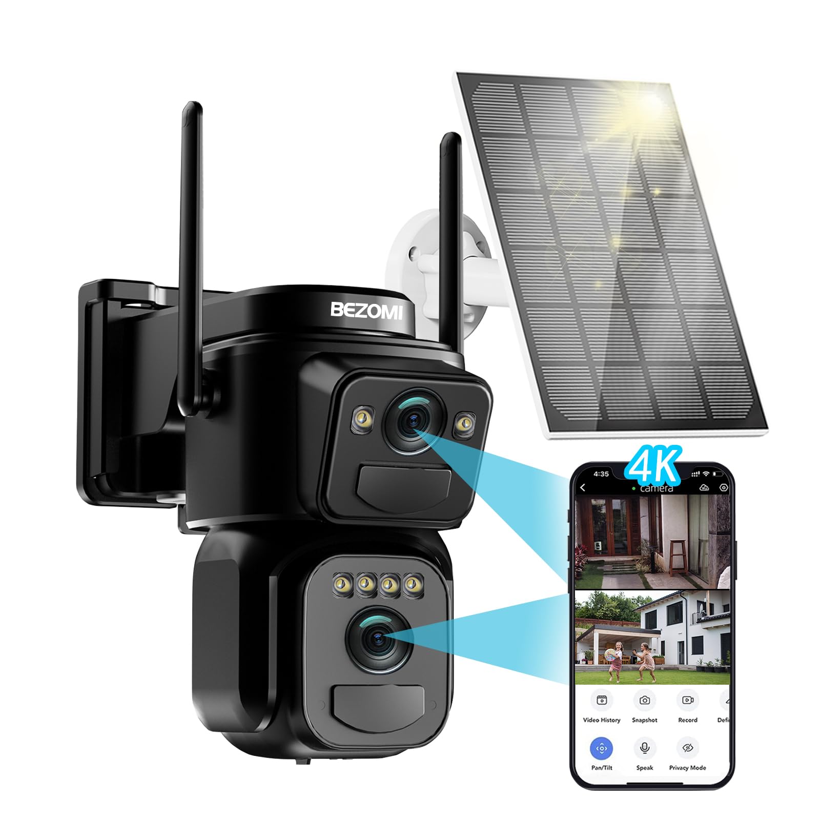 BEZOMIZㅤ 4K Solare Telecamera Wi-Fi Esterno Senza Fili con Doppia Lente, 360° PTZ Videocamera Sorveglianza con Batteria, Rilevamento Umano, Alertes Instantanées, Colori Visione Notturna