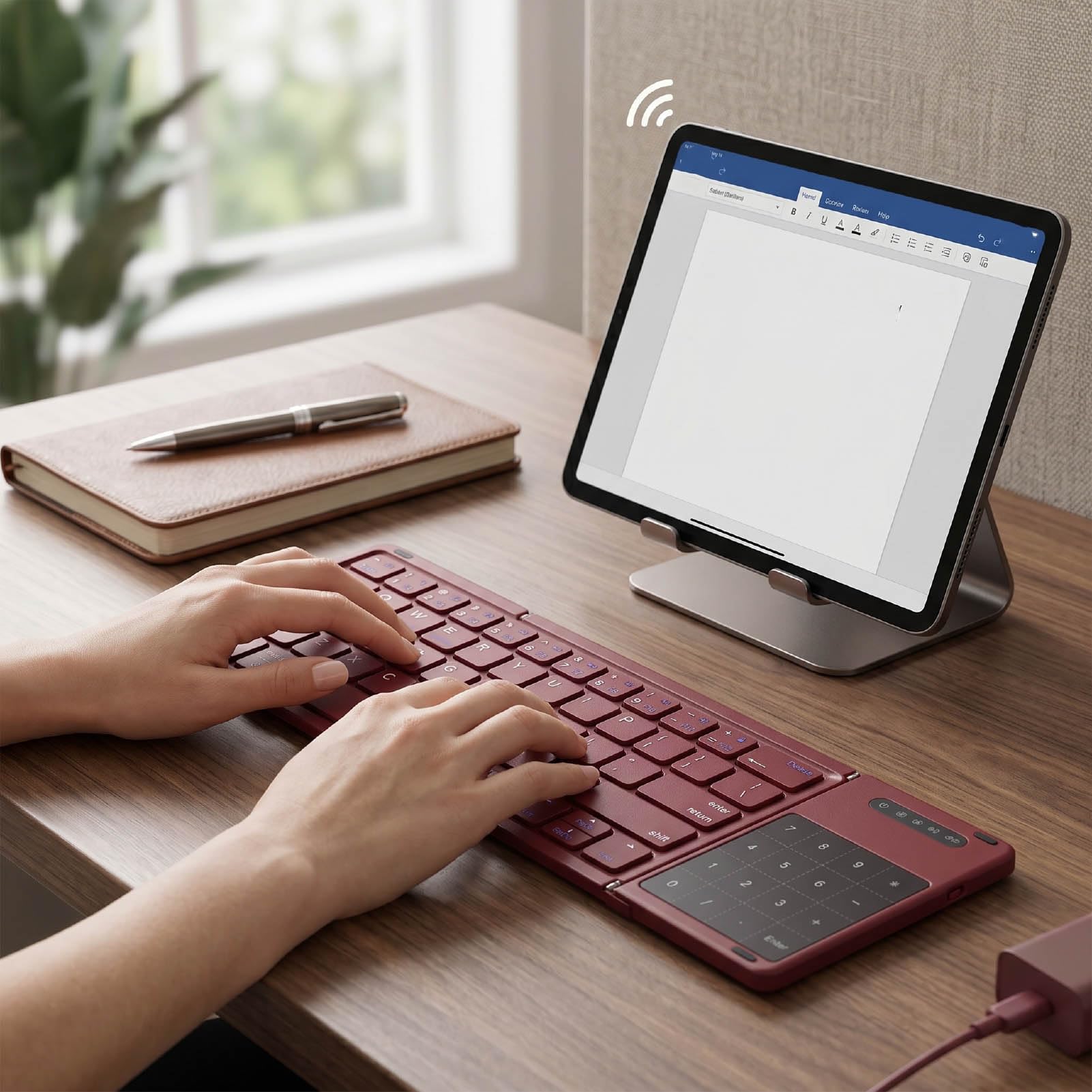 Dpofirs Tastiera Bluetooth Pieghevole con Touchpad, Tastiera da Viaggio Wireless Portatile Ricaricabile per Tablet, Telefono Portatile (WINE RED)