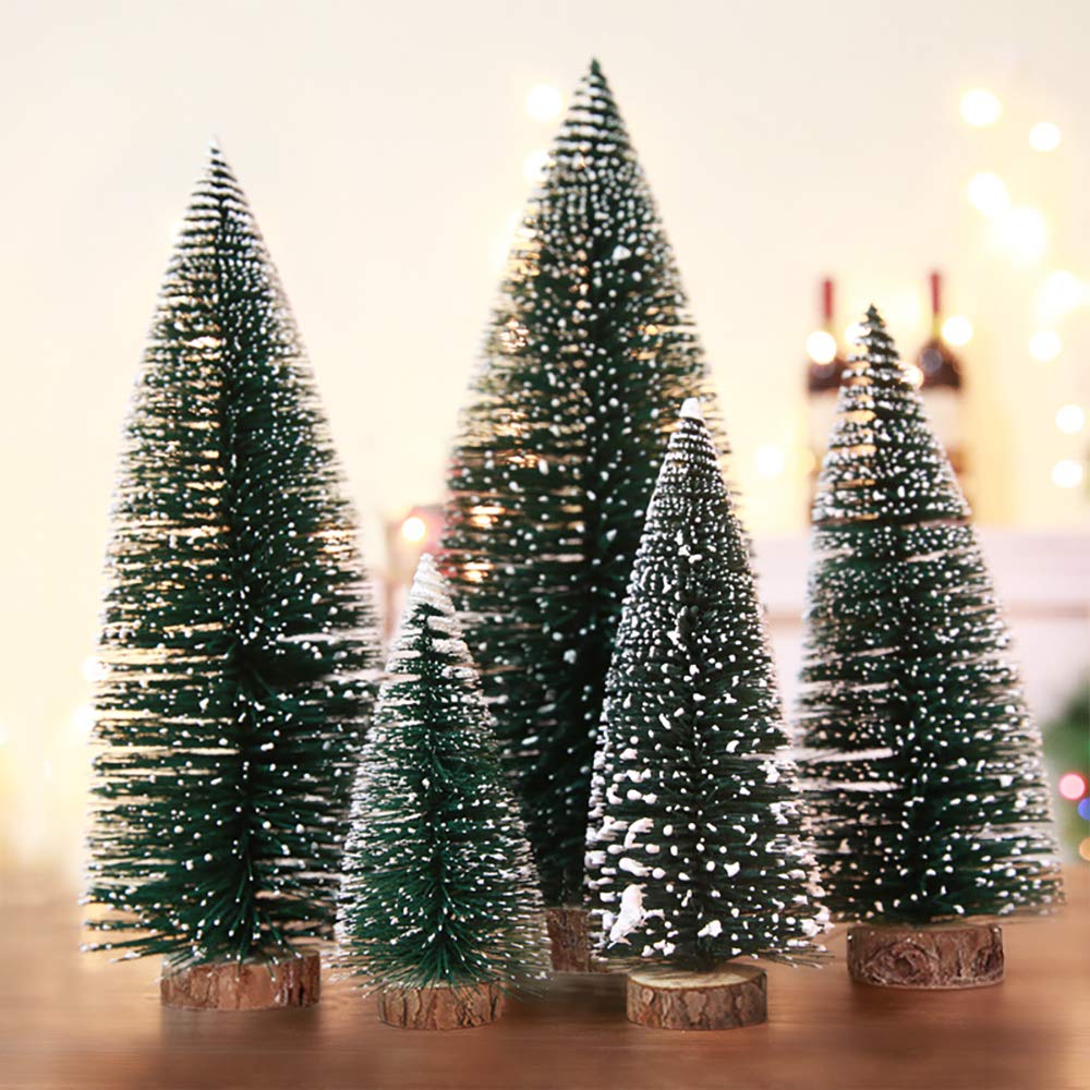 Dobmit Mini Christmas Tree Desktop Pine Tree Small Tree with Wooden Bases for Christmas Decor (5PCS)