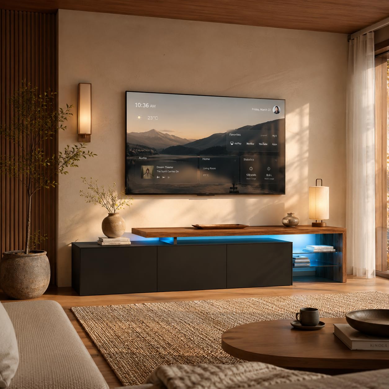 Mueble de TV LED con 3 cajones, mueble extensible para TV moderno con cajones, armario de TV con almacenamiento abierto, marco de madera, mesa de TV para salón dormitorio (negro-2, 200x39x42)
