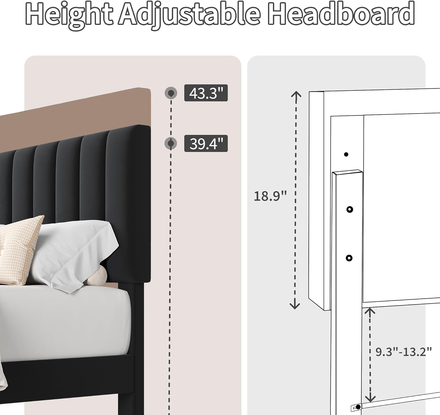 IDEALHOUSE Full Size Bed Frame, Velvet Upholstered Platform Bed with Adjustable Vertical Channel Tufted Headboard, No Box Spring Needed, Easy Assembly, Black