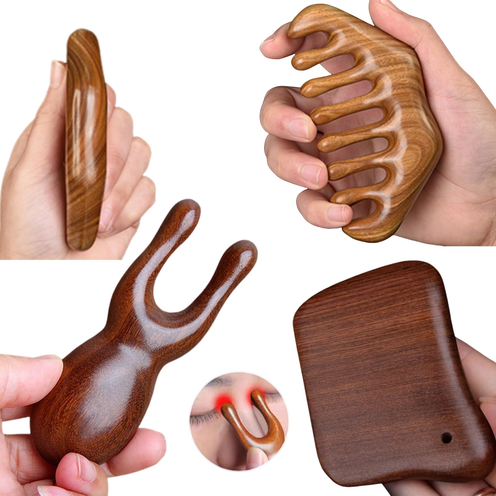 MIUPOO Drewniany zestaw Gua Sha do ręcznego masażu, masażer do skóry głowy, cellulit, wałek do masażu ciała, urządzenie do masażu punktu spustowego, 3 sztuki