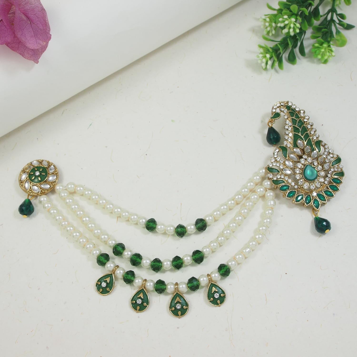 I Jewels Gold-Toned Peach & White Kundan Studded & Beaded Maharaja Pagdi Kalangifor Men (SM59)