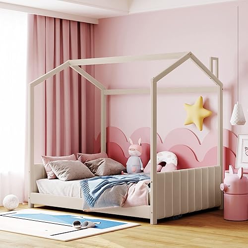 Miniatura 80 de MERITLINE Cama individual para niños, cama individual de madera para niños, cama Montessori con techo y ventana, cama de piso para niños pequeños,