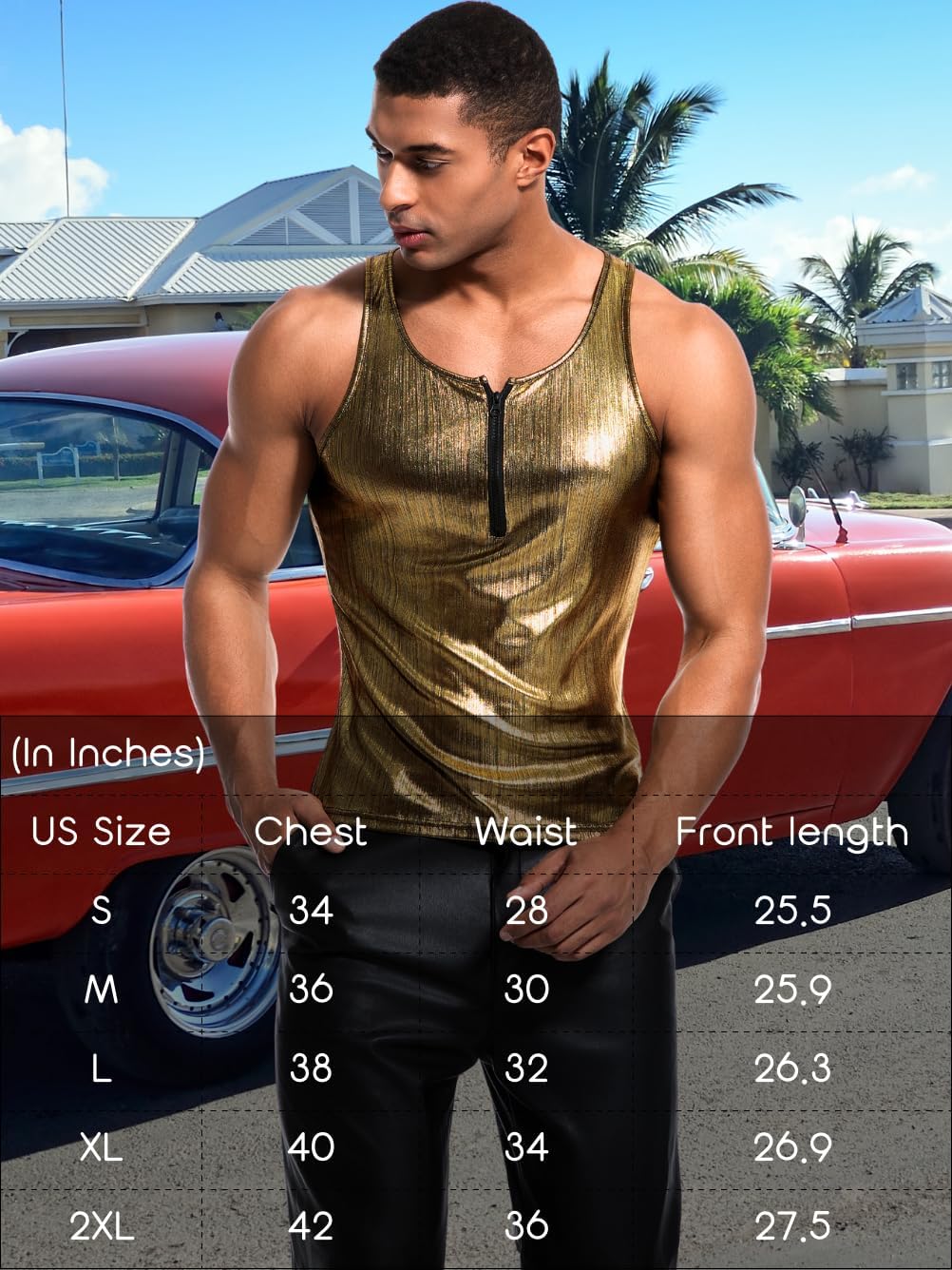 Men's Zipper Sleeveless Metallic Shirt, Sparkly Tank Top Vest Rave Outfits, Concert Club Disco Festival Party Outfits - Image 6