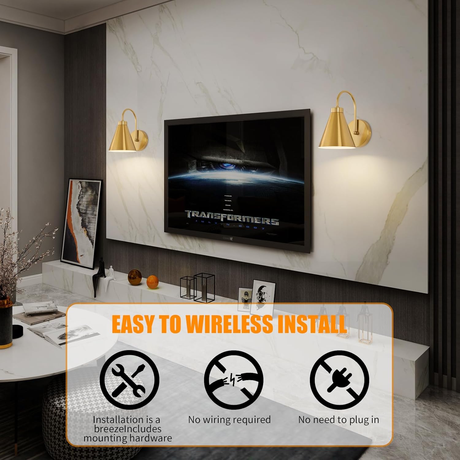 Vintage Cordless Gooseneck Battery Operated Wall Sconces Set of 2, Gold Bedside Battery Powered Wall Decor Lamps with Remote Control, Wireless Indoor LED Lights Fixture for Bedroom Hallway