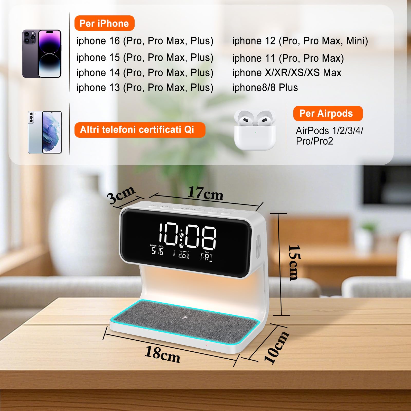 Sveglia Digitale, Sveglia da Comodino con Ricarica Wireless 15W, Display LED Temperatura/Data/2 Allarme/Snooze Regolabile/ 12/24Ore, Sveglia Luminosa con Touch Dimmerabile per Adulti e Bambini