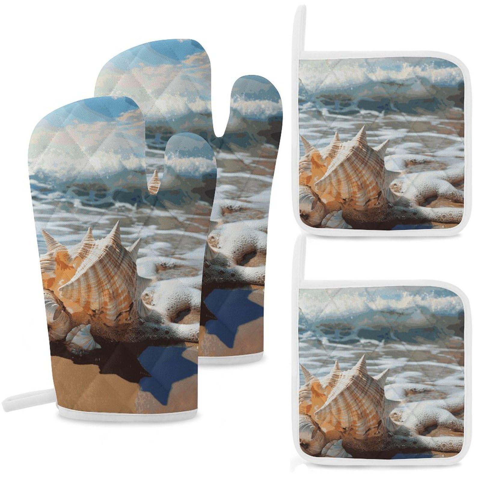 Ocean Sea Wave Seashell Oven Mitts and Pot Holders Sets Heat Resistant Oven Glove with Hanging Loop for Baking Cooking BBQ Thicken Potholders for Kitchen