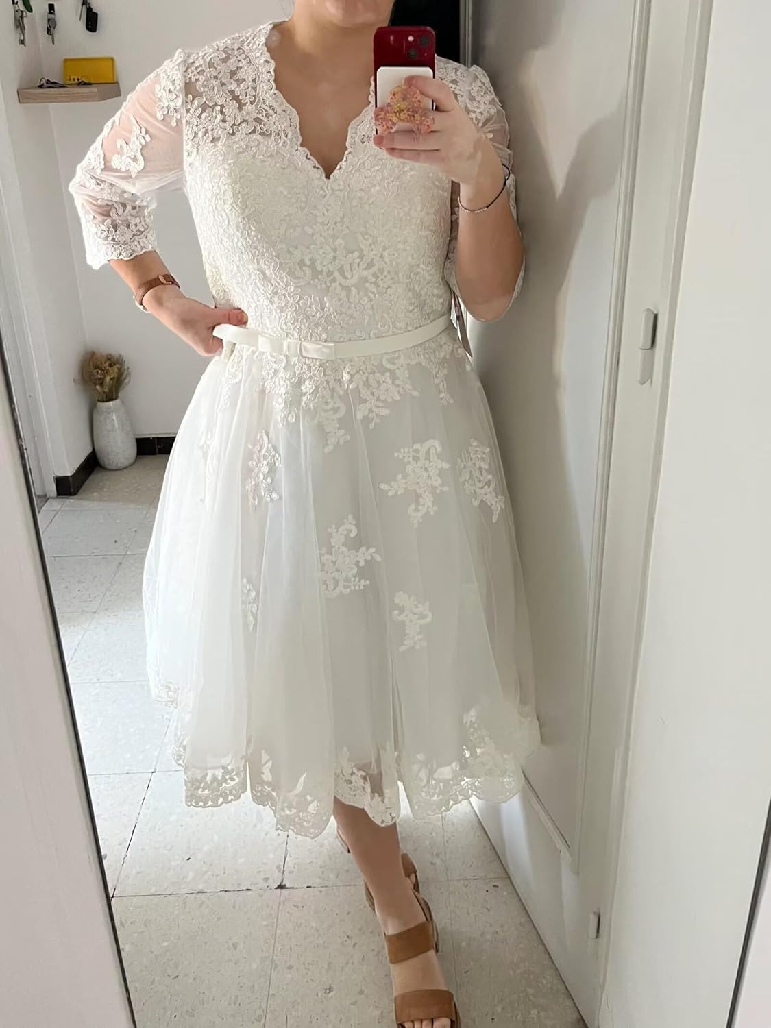 Short Wedding Dresses for Bride Lace Appliques Wedding Dress for Women Tea Length Bridal Shower Dresses for Bride LSW200