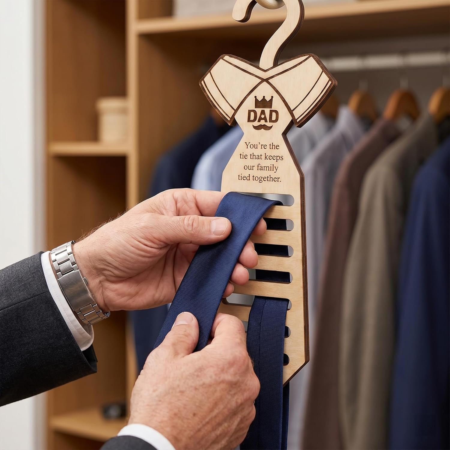 Tie-Shaped Wooden Tie Rack for Dad, 11.81 x 5.91 in 1cm Thick Solid Wooden Hanger Wooden Tie Organizer with DAD Crown Sentimental Quote, Closet Storage for Men Husband
