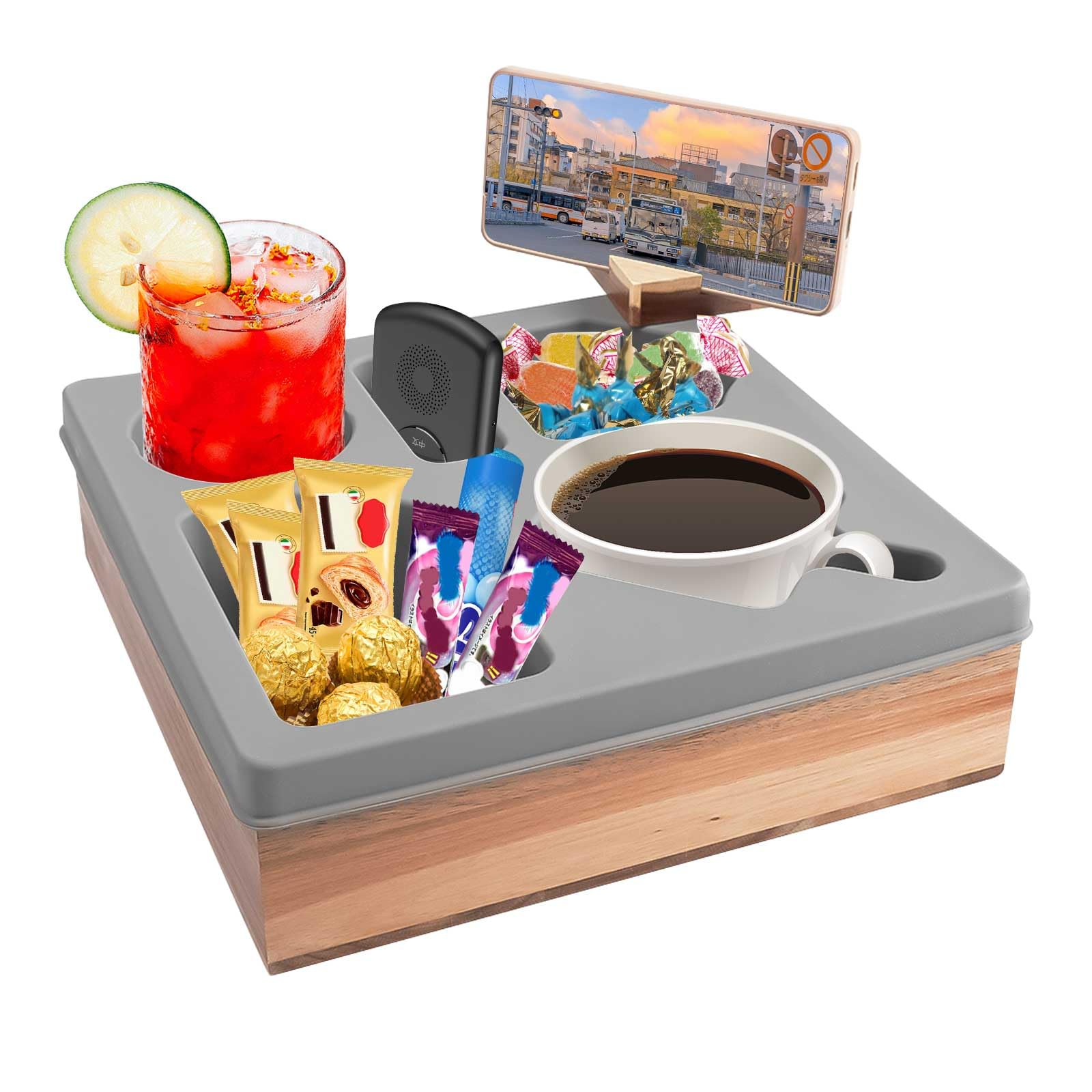 Couch Cup Holder, Couch Bar Snack Box with 360° Rotatable Phone Holder Sofa Drink Holder Tray Wooden Couch Caddy Soft Silicone Couch Caddy for Sofa Bed Car Seat Beach Organizer