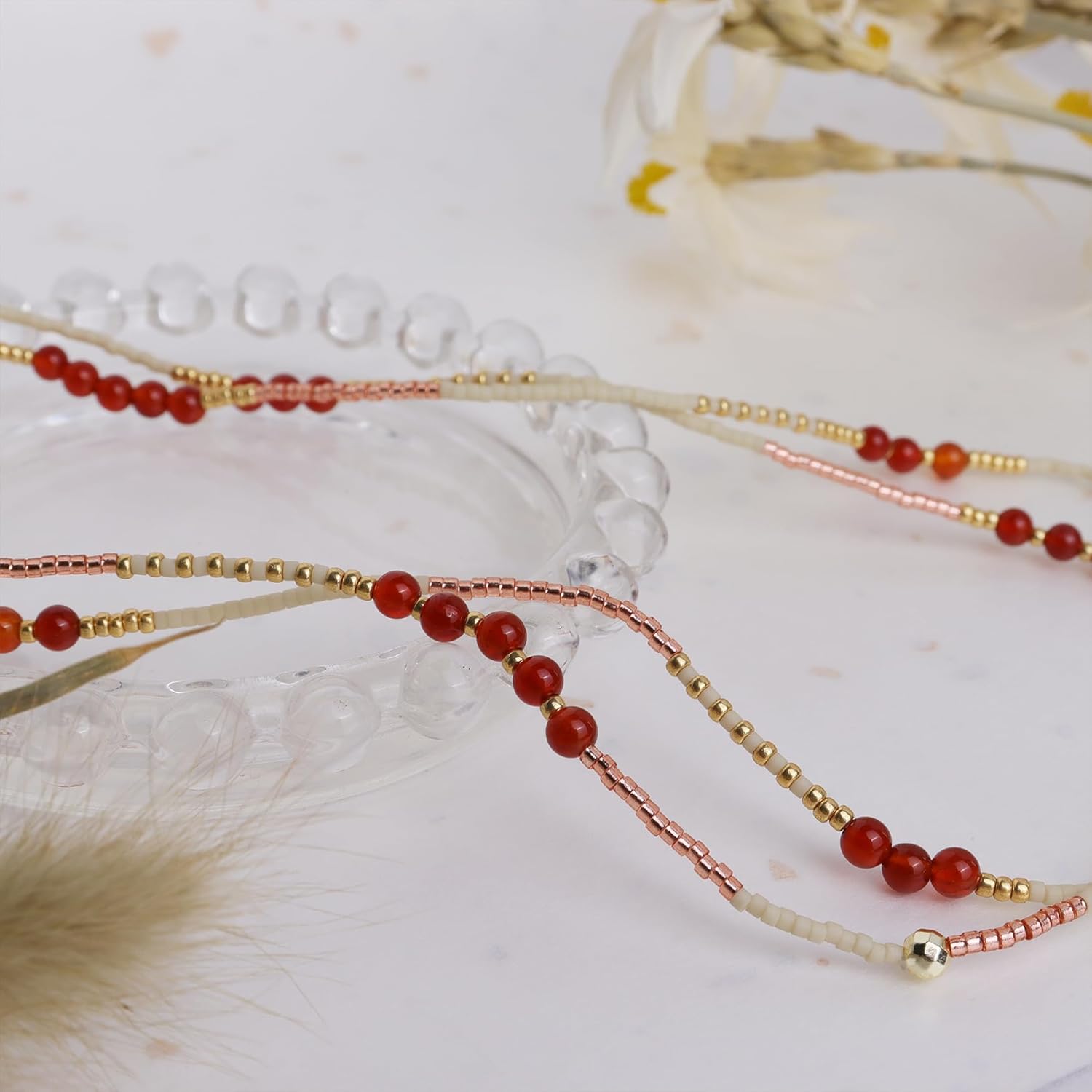 Gold Beaded Gemstone Stackable Stretch Bracelets for Women, Dainty Boho Handmade Natural Stone Red Bead Ball Layered Bracelet Summer Beach Jewelry Gift - Image 8