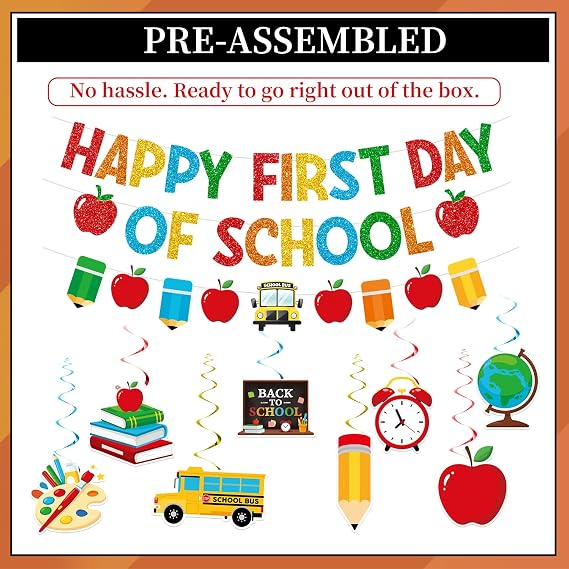 First Day of School Decorations, Banner with Swirls and Garland