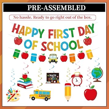 First Day of School Decorations, Banner with Swirls and Garland