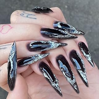 24 Stück 12 Größen Nails Press on Nails Set Schwarzes Langes Spitzes Modell Silberfarbenes Unregelmäßiges Muster Tips Nageltips zum Aufkleben Kunstnägel Künstliche Nägel Frauen, Schwarz