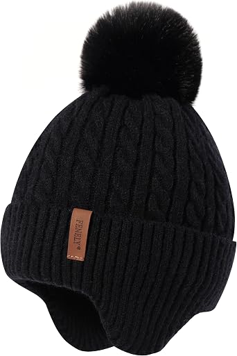 FENELY Girls Boys Winter Hat 3-12, Childrens Warm Knitted Earflaps Beanie with Pom Pom Thicken Fleece Lining Cap for Kids