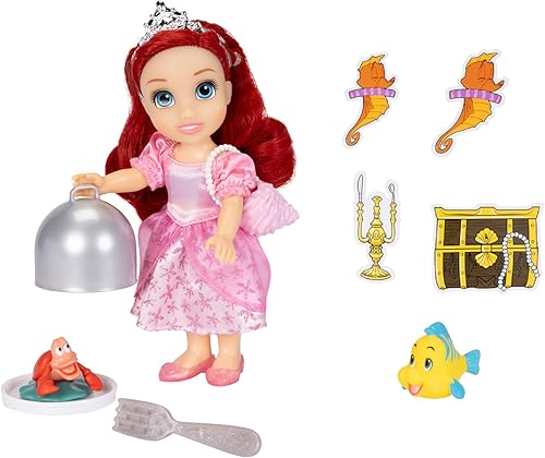 Miniatura 3 de Disney Princess Muñeca Ariel Sea to Land Petite Ariel con Sebastian & Flounder, en cola de sirena y moda de vestido rosa