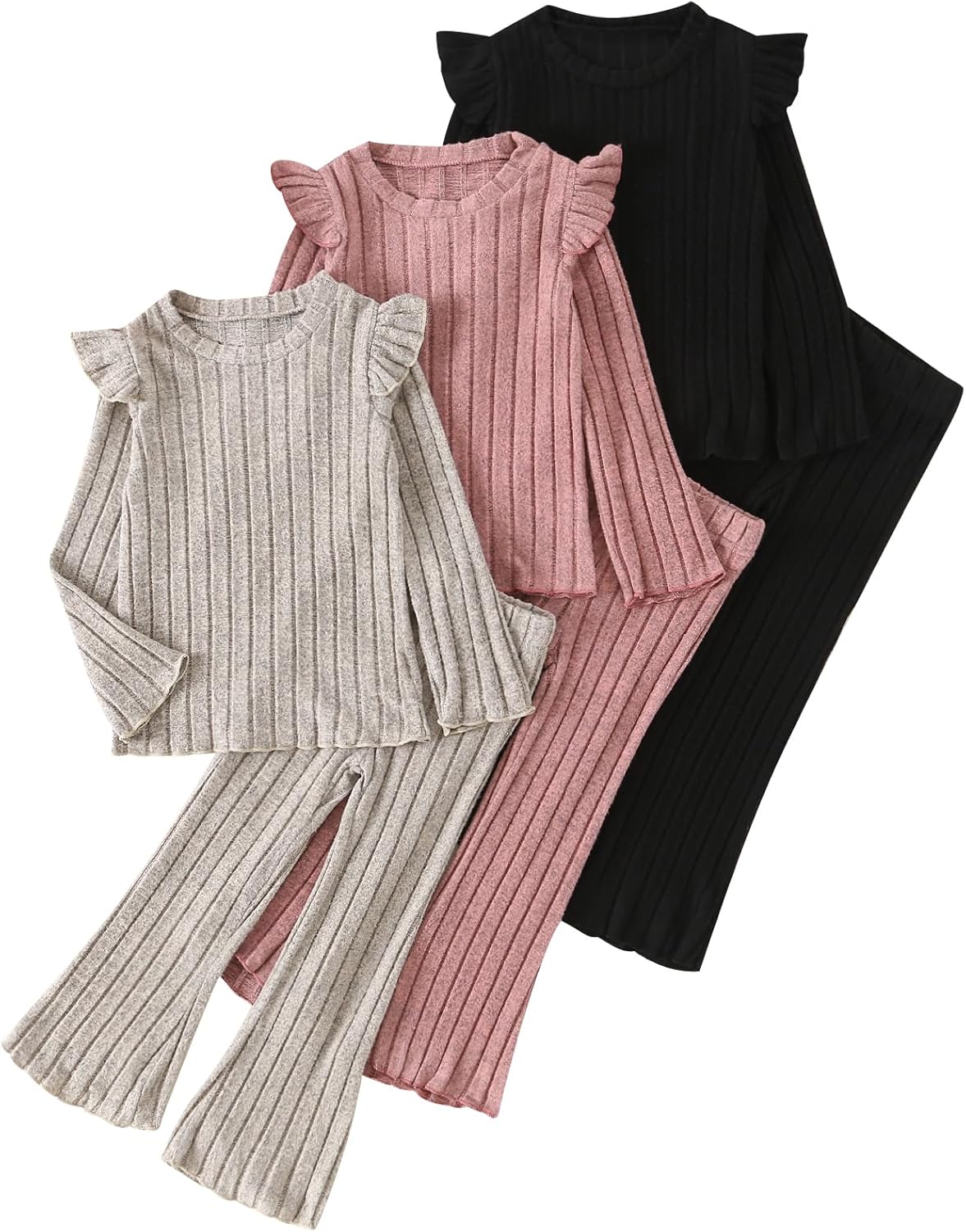 Girls Clothes Set 6 piece Ruffle Knit Ribbed Long Sleeve T-Shirts Tops and Pants Autumn and Winter Set 3-10Y