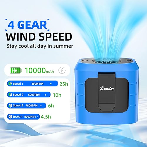 Miniatura 2 de Zeadio Ventilador portátil con clip de cintura, 4 velocidades, 10000 mAh, funciona con manos libres, con función de iluminación y carga para