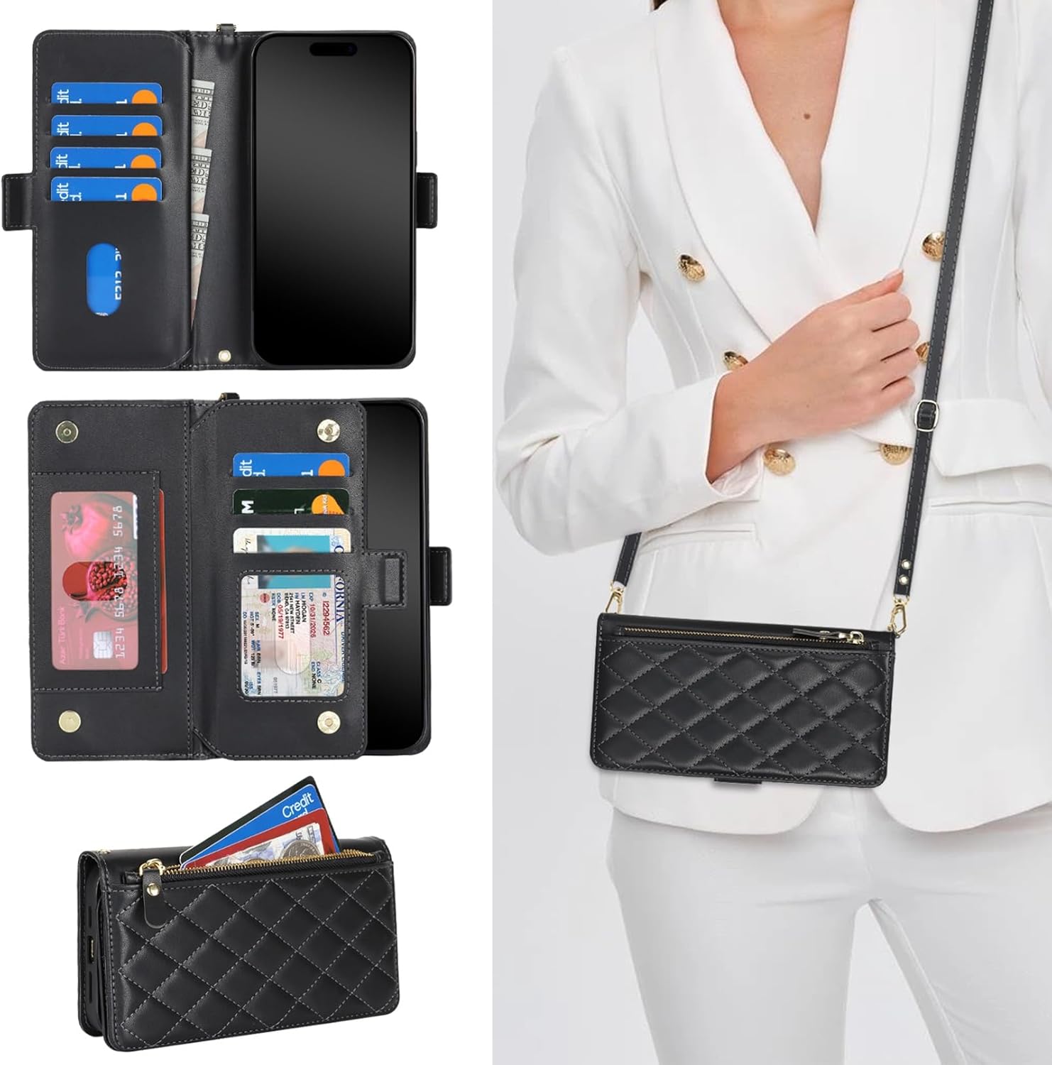 Jaorty for iPhone 16 Pro Max Phone Case Wallet with Crossbody Strap, Shoulder Necklace Lanyard,flip Cover PU Leather, Rhombus for Women Men, Zipper Pocket, Kickstand, Card Holder, 6.9" Black - Image 2