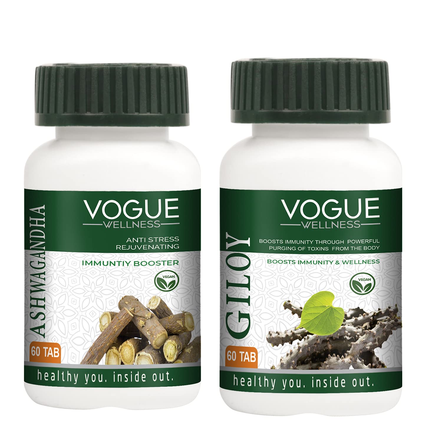Vogue Wellness Giloy Tablets For Boost Immunity+ Ashwagandha Tablet For Anti Stress Ablets-`60 Tablets-(Combo Of 2)