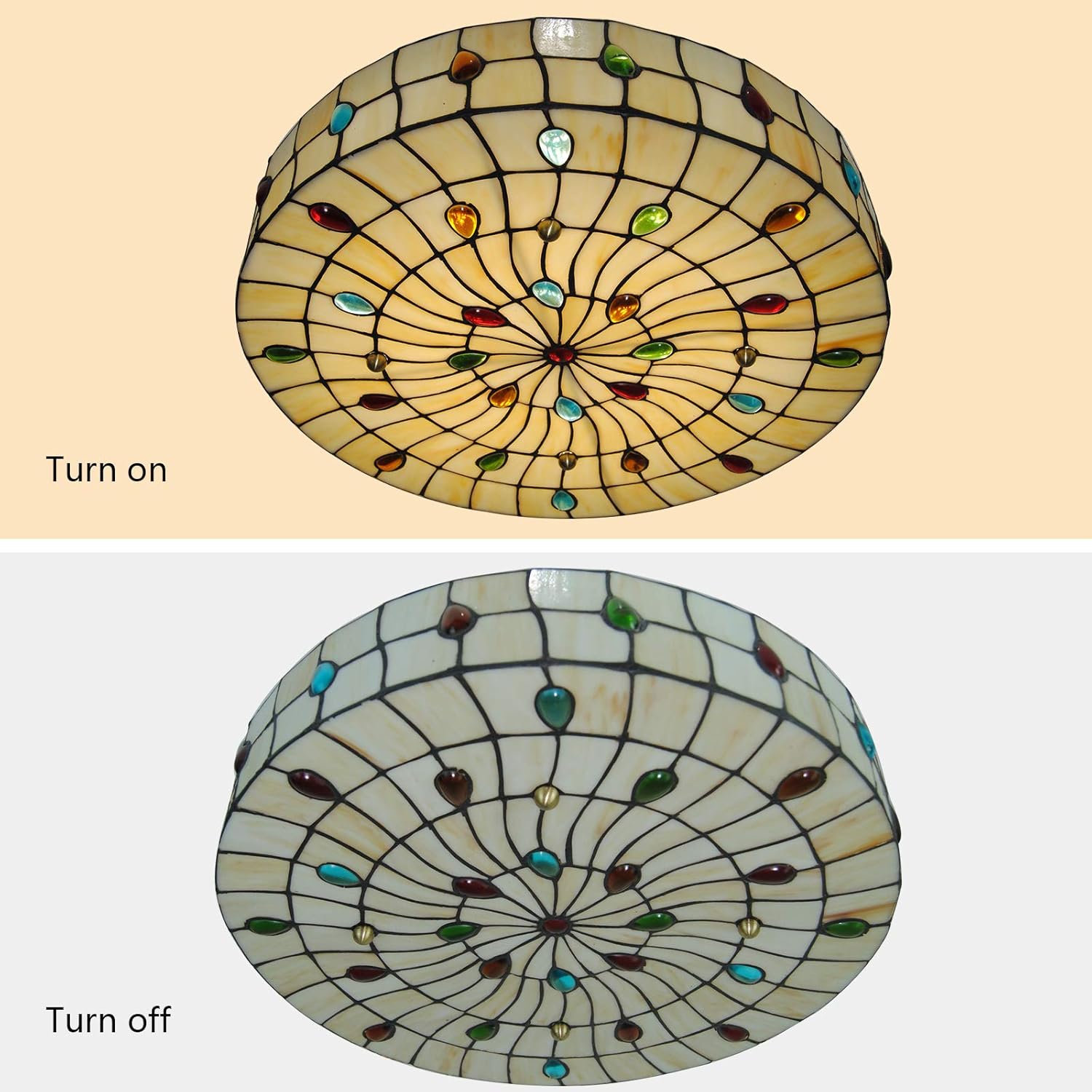 18 Inch Modern Colorful Round Tiffany Flush Mount Ceiling Light, Upthehill Peahen Tail Tiffany Flush Ceiling Light Chandelier Lighting Fixture with Mother of Pearl Decor for Living Room (Style A)