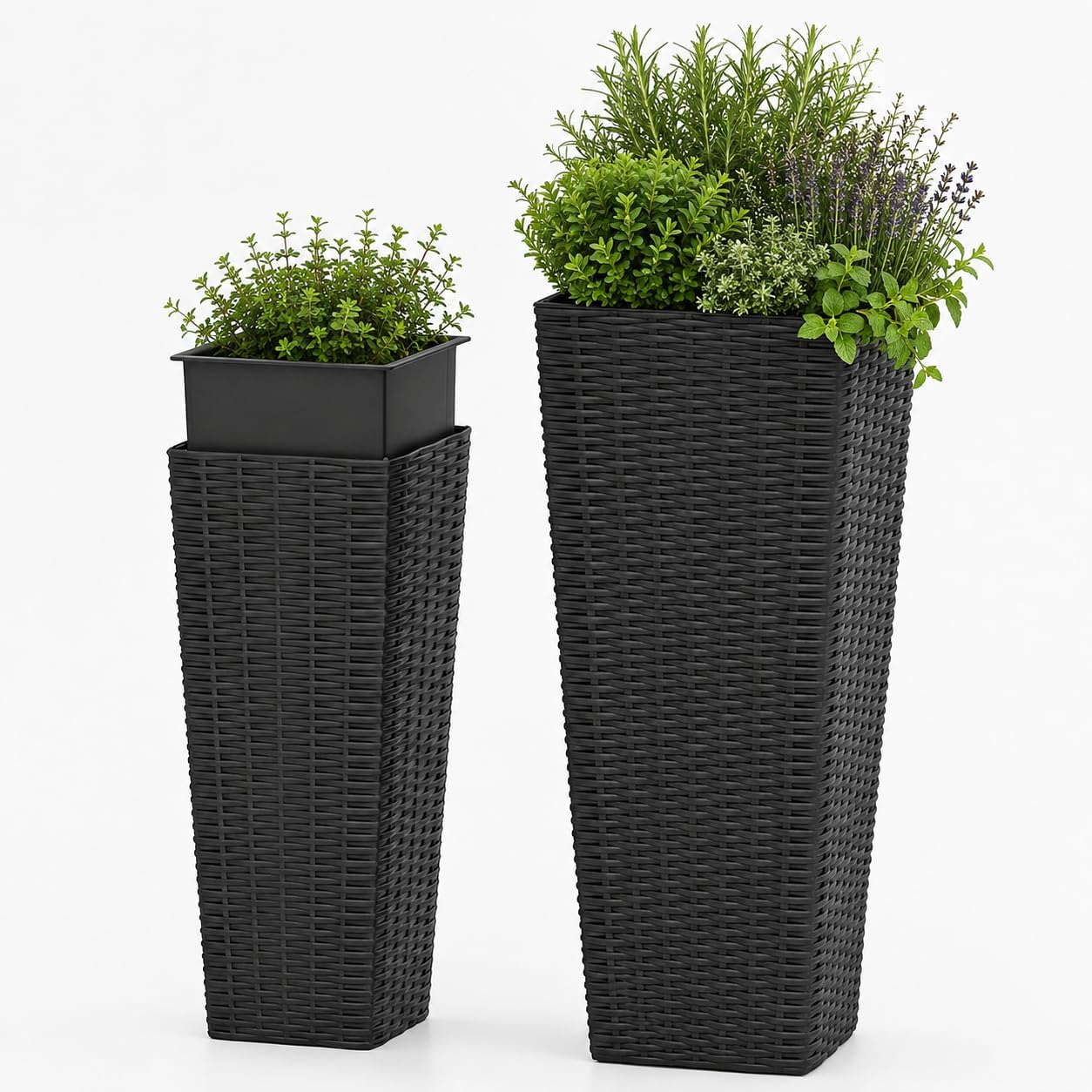 Giantex Set of 2 Planters for Outdoor Plants, Tall Tapered Plants w/Inner Trays, Drainage Holes, Decorative PP Flowerpots 32" & 24" Tall for Porch, Patio, Garden, Backyard, Indoors & Outdoors (Black)