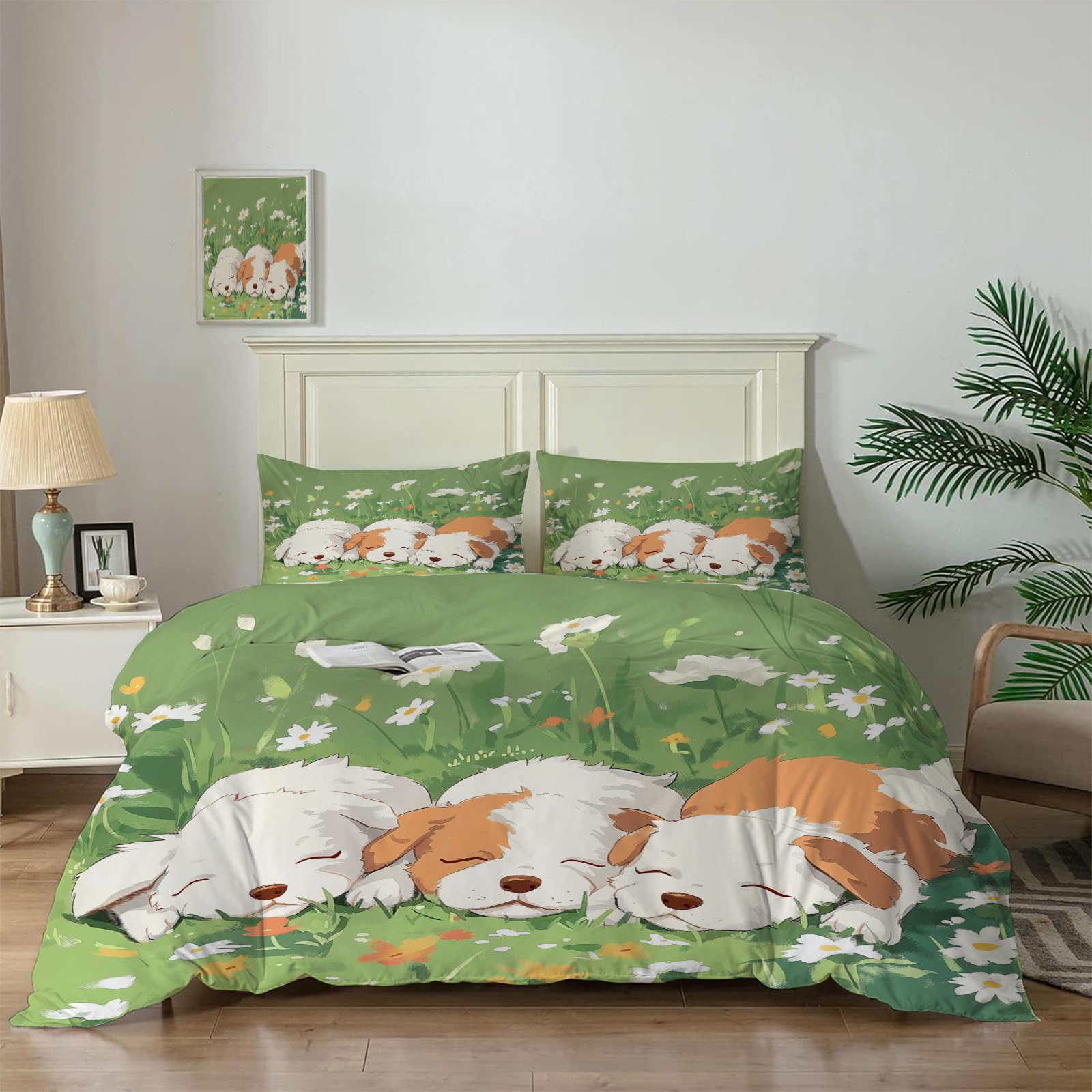 Parure de lit motif chien floral vert en microfibre premium chic pour enfants