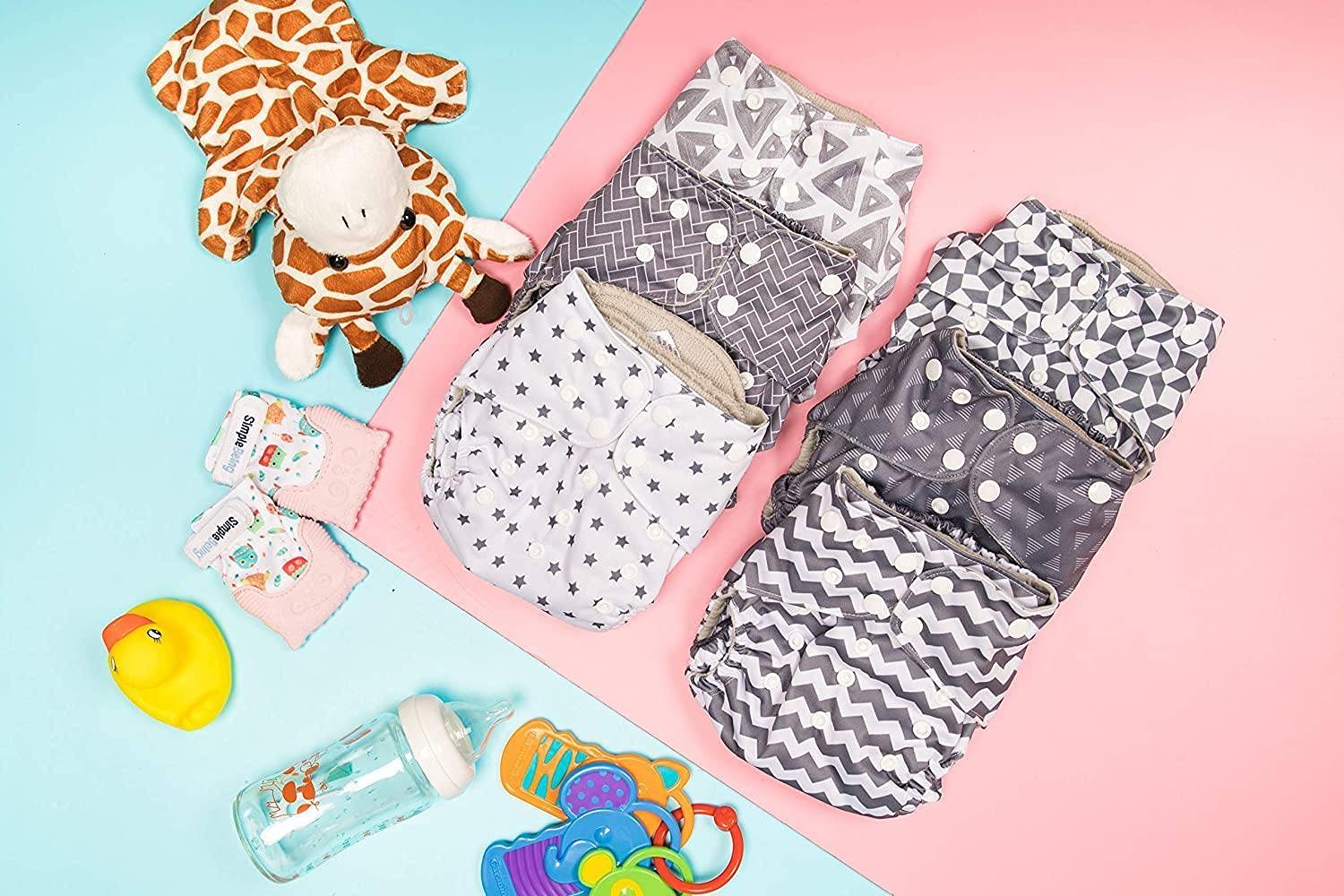 Simple Being Reusable Cloth Diapers, Double Gusset, One Size Adjustable, Washable Soft Absorbent, Waterproof Cover, Eco-Friendly Unisex Baby Girl Boy, six 4-Layers Microfiber Inserts (Geometrics) : Baby