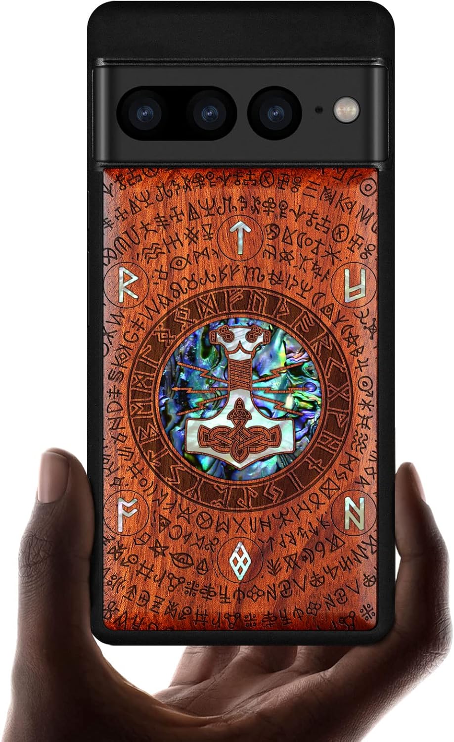 Carveit Designer Wooden Case for Google Pixel 7 Pro Case [Wood Engraving & Shell Inlay] Unique Wood Cover Compatible with Wireless Chargers Pixel 7 Pro (Thors Hammer-Rosy)