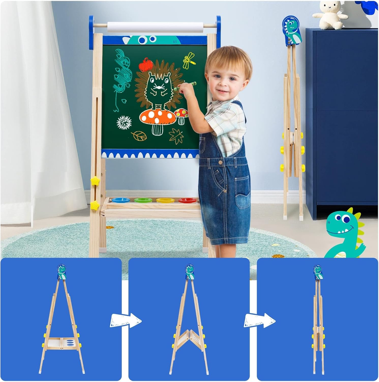 Kids Wooden Art Easel with Paper Roll,Foldable Double-Sided Easel with Whiteboard & Chalkboard,Height-Adjustable Drawing Board for Girls Boys Toddlers Aged 3-5/4-8,Ideal Gift for Christmas,Birthday