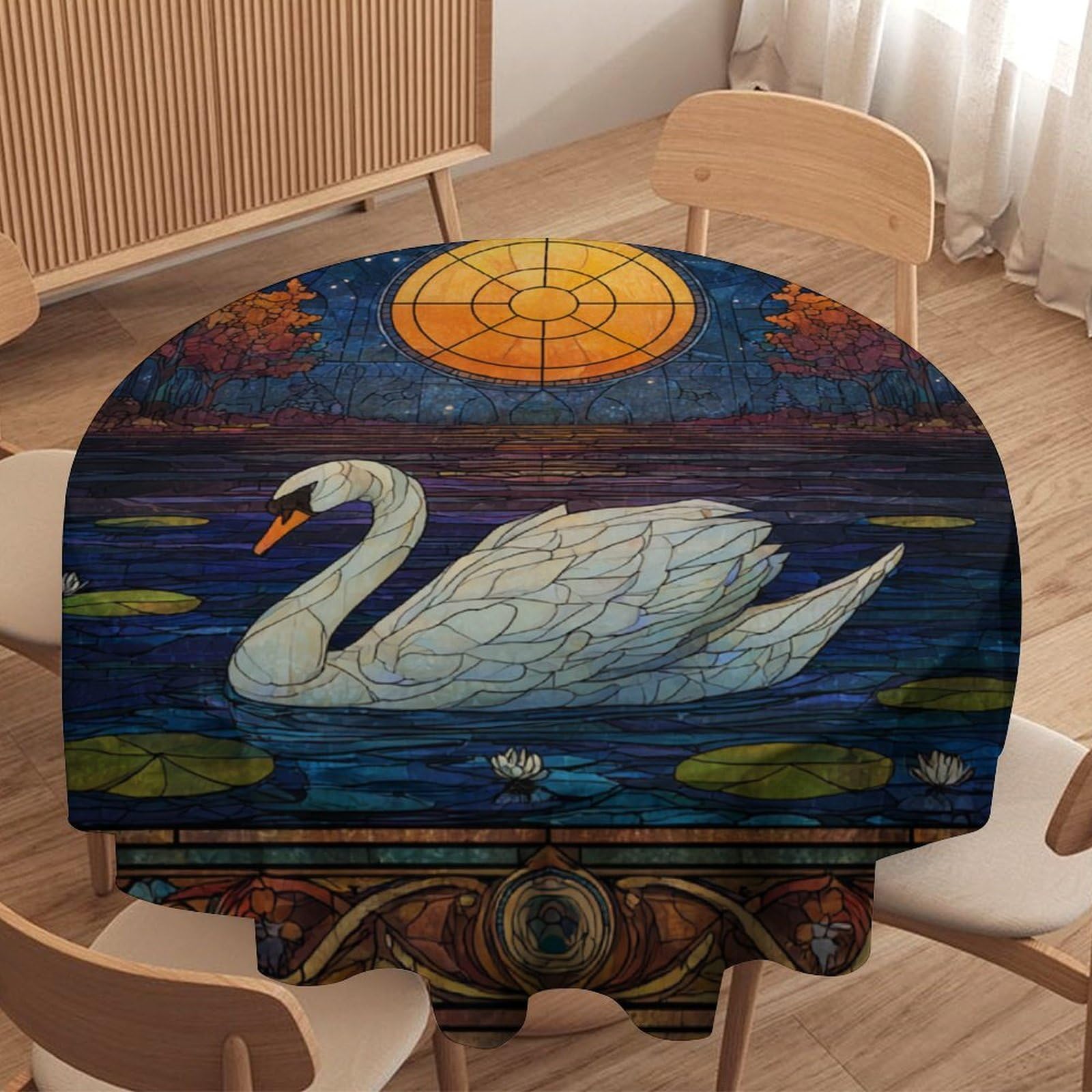 LUYYSKY Classic Abstract Elegant Swans Round Tablecloth Rustic Fantasy Full Moon Animals Swans Lake Pattern Washable Decor for Table Cover for Kitchen-91.4" Wx91.4 L cm