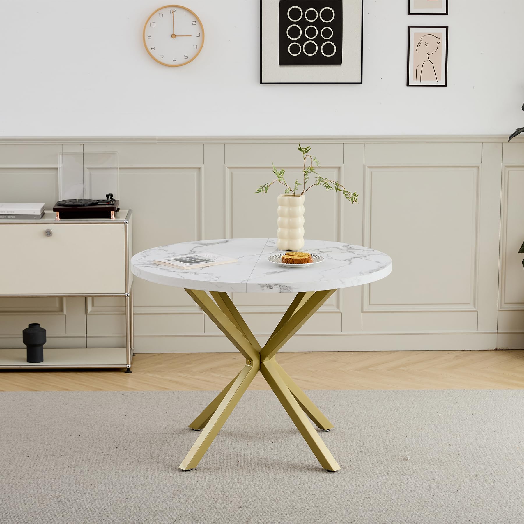 Tavolo da Pranzo Rotondo con Gambe Robuste a Forma di X, 100cm*100cm*76,5cm per Cucina, Piccoli Spazi, Appartamento (bianco)