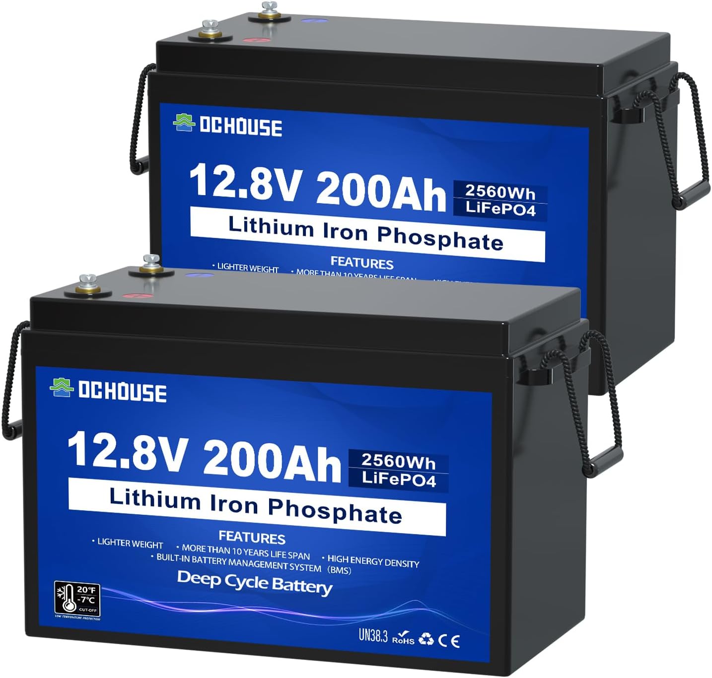 DC HOUSE 12V 400Ah Lithium LiFePO4 Deep Cycle Battery, Low Temp Cut Off, 5120Wh Energy Max. Built-in 200A BMS for RV, Solar, Home Energy Storage, Marine Trolling Motor, Boat, Golf Carts (2 Pack 200AH)