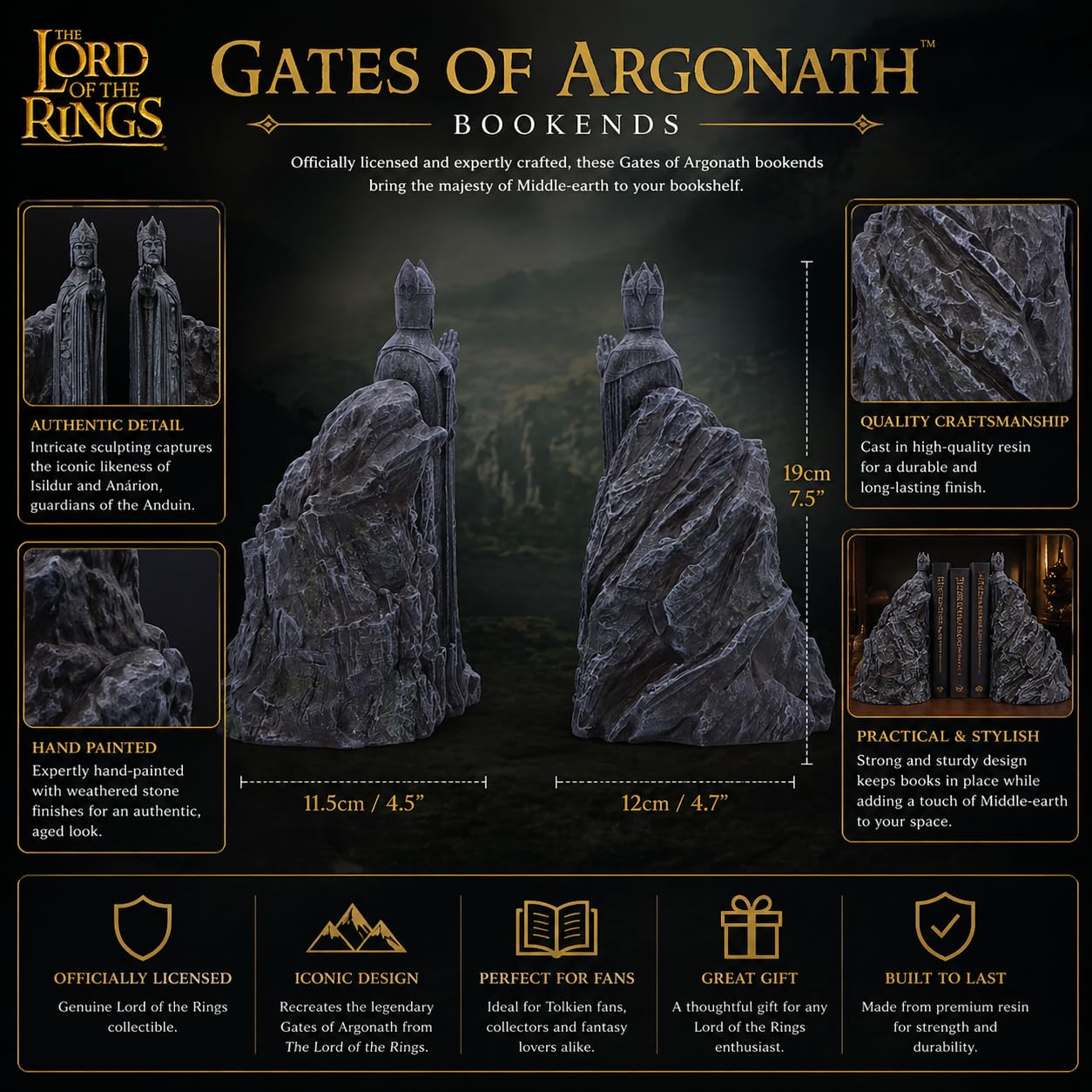 Nemesis Now Lord of the Rings - Fermalibri Gates of Argonath, in resina, grigio, con licenza ufficiale, Il Signore degli Anelli, pezzo espositivo del Signore degli Anelli, realizzato in resina di alta